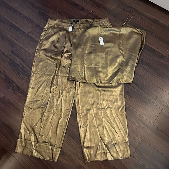 Net Banana Republic Gold metallic pleated wide leg pant set 20 - Picture 1 of 16